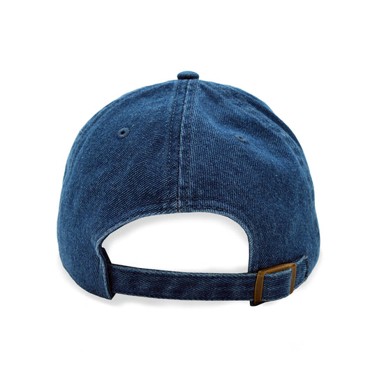 Rear view of a blue denim baseball cap with an adjustable strap and brown buckle, shown on a plain white background.