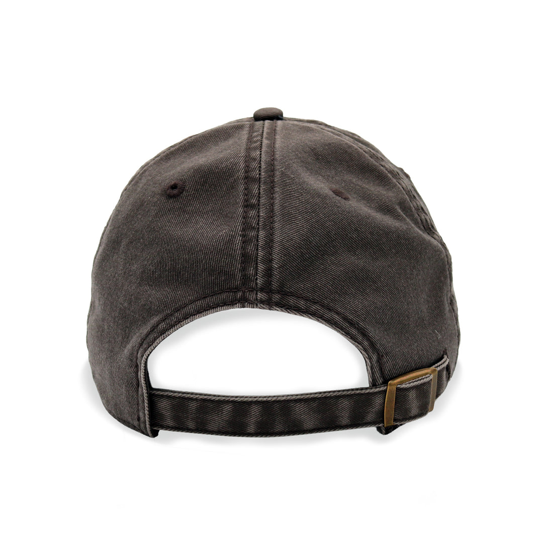 A dark gray washed baseball cap shown from the back, featuring a curved back strap with a brown buckle, on a solid white background.