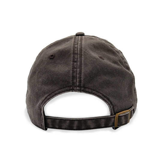 A dark gray washed baseball cap shown from the back, featuring a curved back strap with a brown buckle, on a solid white background.