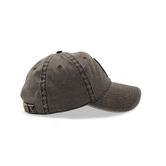 A dark gray washed cotton baseball cap shown from a three-quarters angle on a white background.