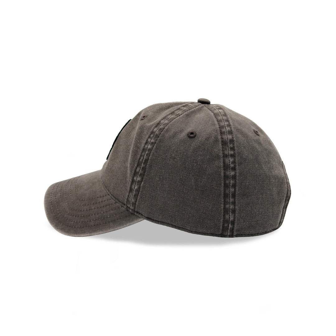 A washed charcoal gray baseball cap shown from a side profile view against a clean white background.